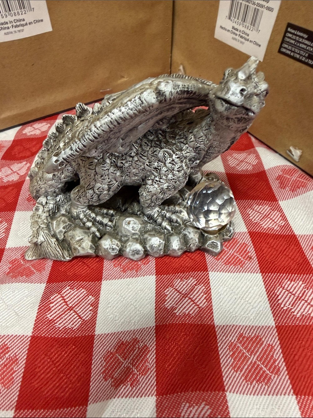 Silver Dragon Figurine Decorative Accent with Crystal Orb